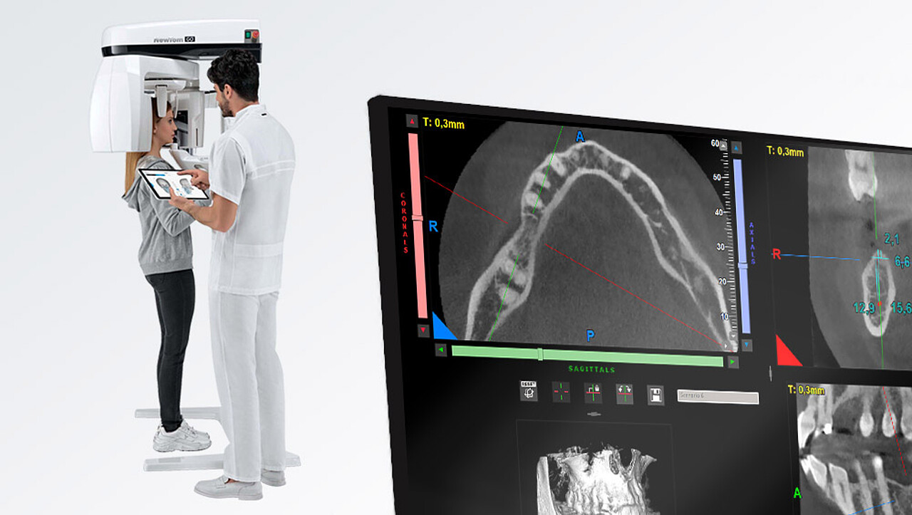 Digitale Volumentomographie (DVT) - Zahnärzte Bielefeld Dr. Höing + Dr. Mertens Bei geringer Strahlenbelastung liefert die digitale Volumentomographie (DVT) in der Zahnmedizin 3D-Schichtaufnahmen des Ober- und Unterkiefers von hochauflösender Bildqualität. Zahnärzte Bielefeld Dr. Höing + Dr. Mertens